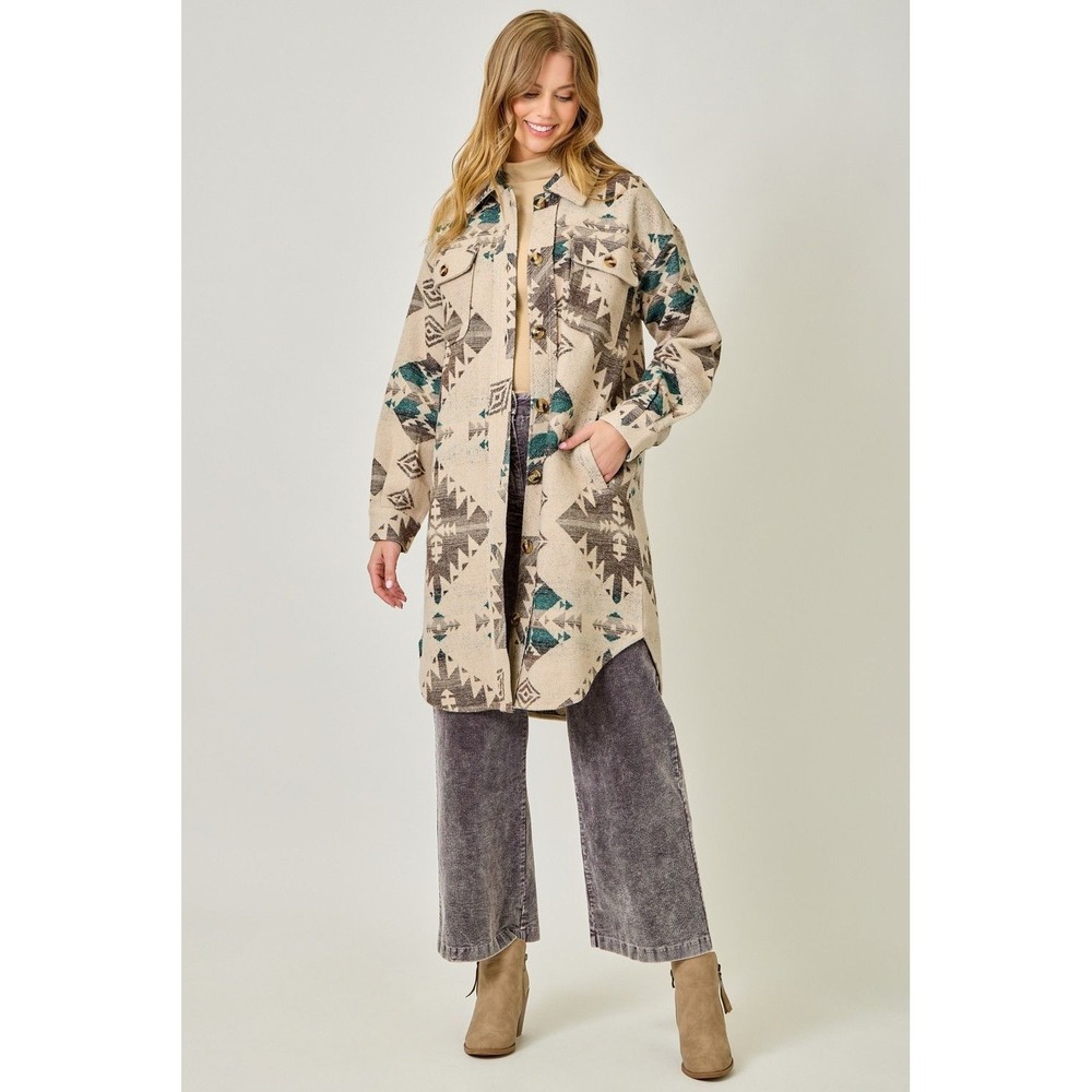 Mystree Aztec Long Jacket Large Southwestern Shacket Oversized Tan Teal NEW